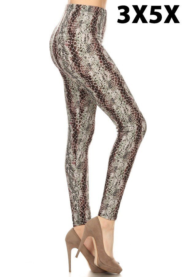 Plus size soft leggings with snakeskin pattern, buttercream and brown, full length