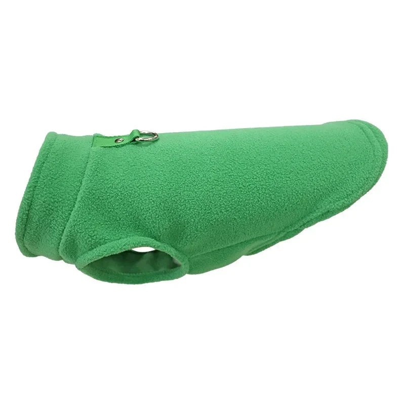 Green fleece pet jacket vest with D-ring strap and round leg opening