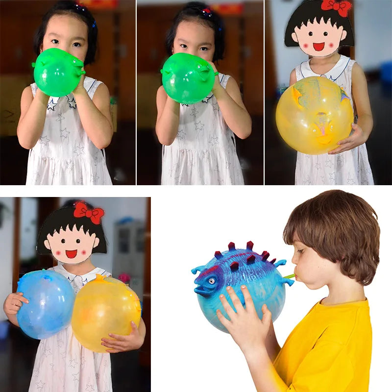 Child playing with inflatable dinosaur squeeze vent balls in green, blue, and yellow.