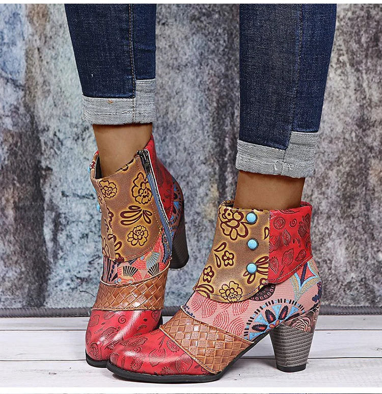 Women’s ankle boots with multicolor floral patchwork and chunky stacked heel