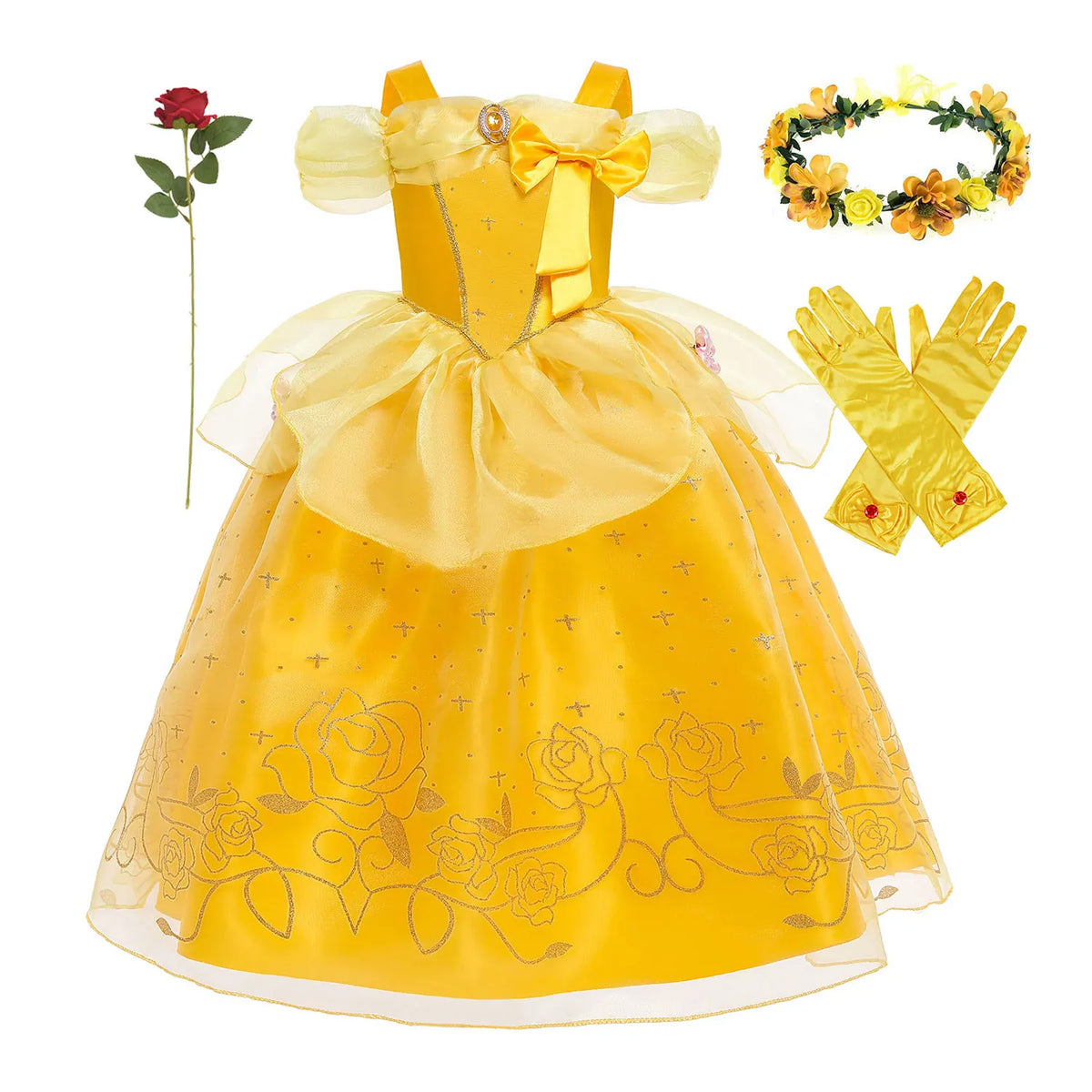 Yellow princess cosplay dress with matching gloves and flower headband