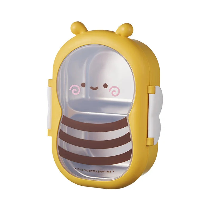 Yellow bee-shaped bento lunch box with clear front window and face graphic