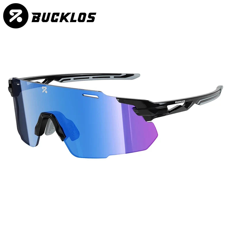 Cycling goggles with black and blue frame and blue mirrored lens
