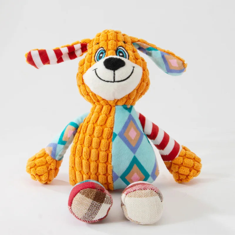 Orange tiger plush dog toy with striped arms, smiling face, and long soft body