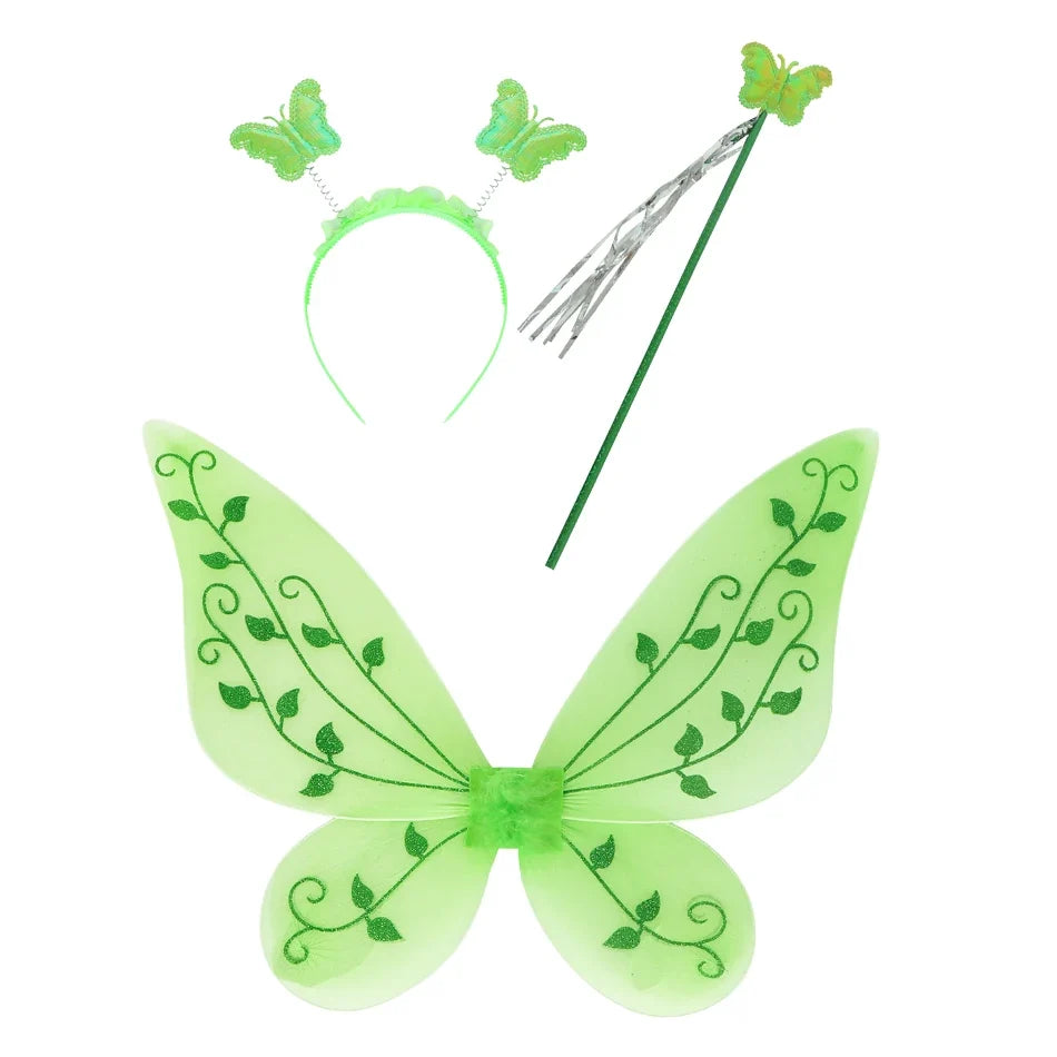 Green butterfly costume accessory set with headband, wings, and wand props