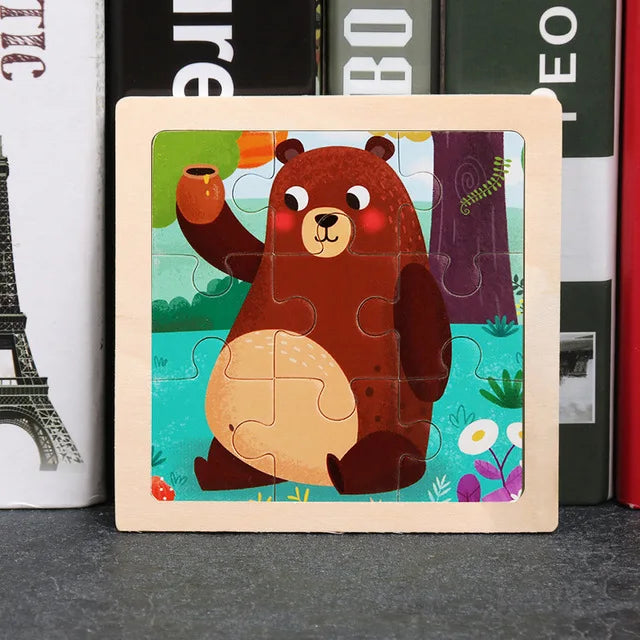 Wooden 3D tangram animal puzzle with cartoon brown bear in a frame