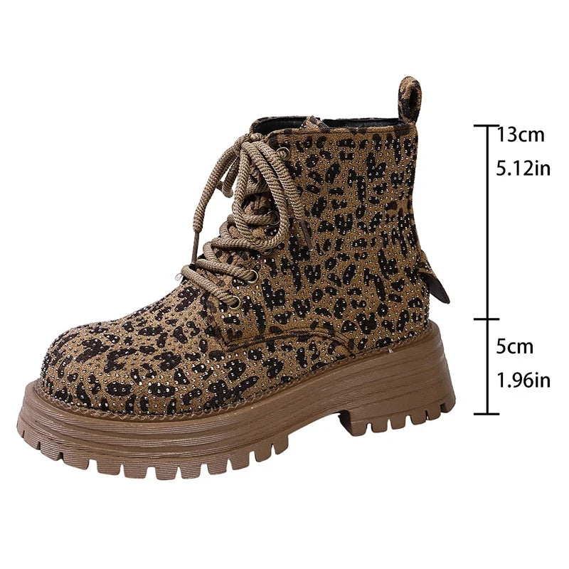 Brown leopard print lace-up ankle boots with thick platform treaded sole