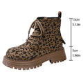 Brown leopard print lace-up ankle boots with thick platform treaded sole