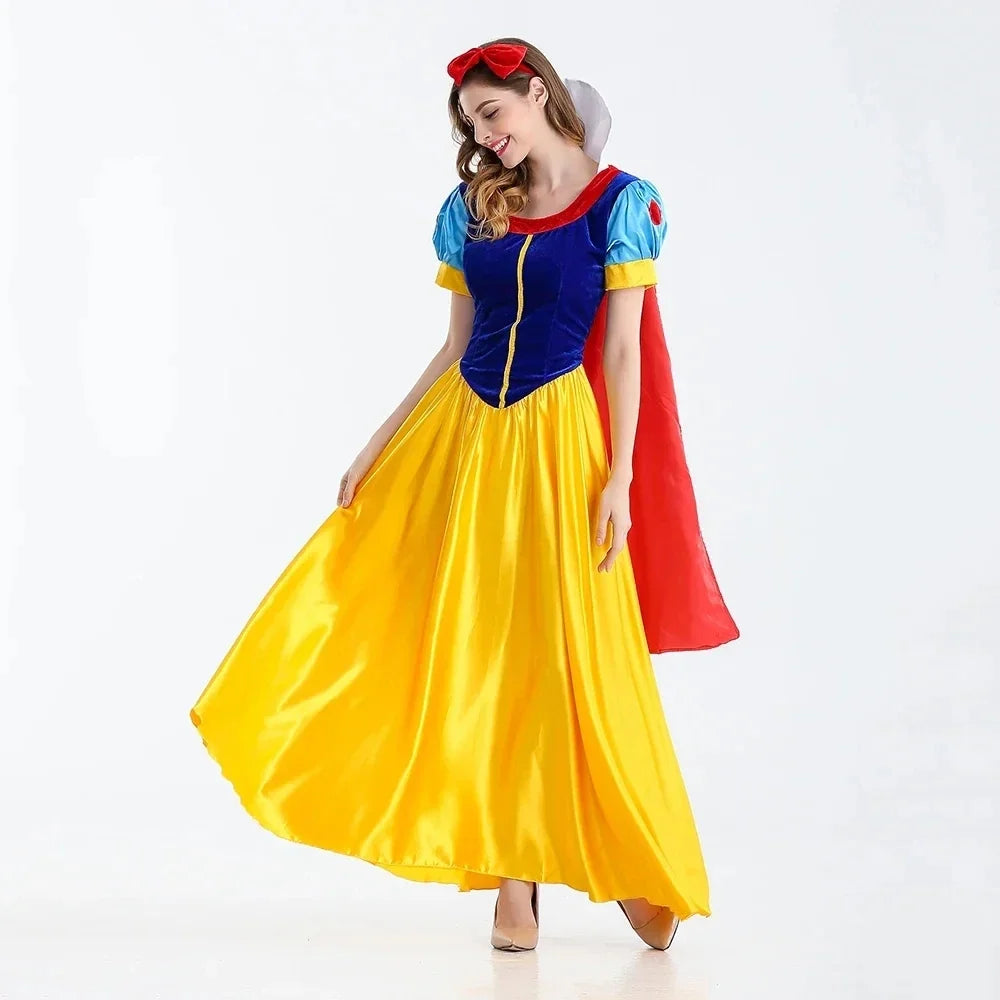 Princess dress costume with blue bodice, yellow skirt, red cape, and red headpiece