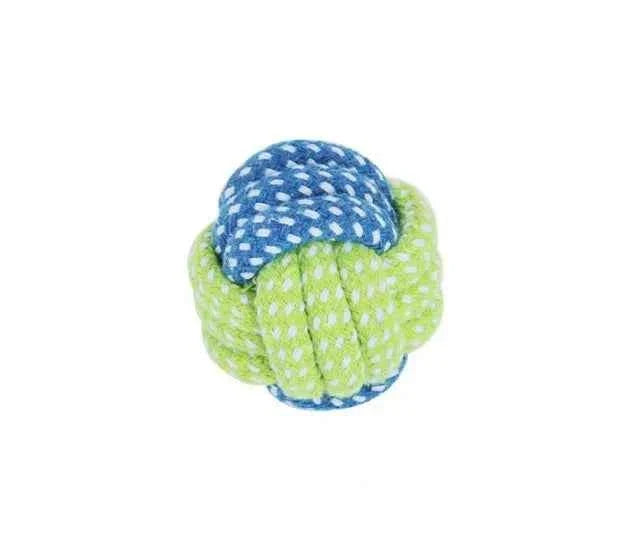 Blue-and-green cotton rope dog toy ball with textured woven pattern