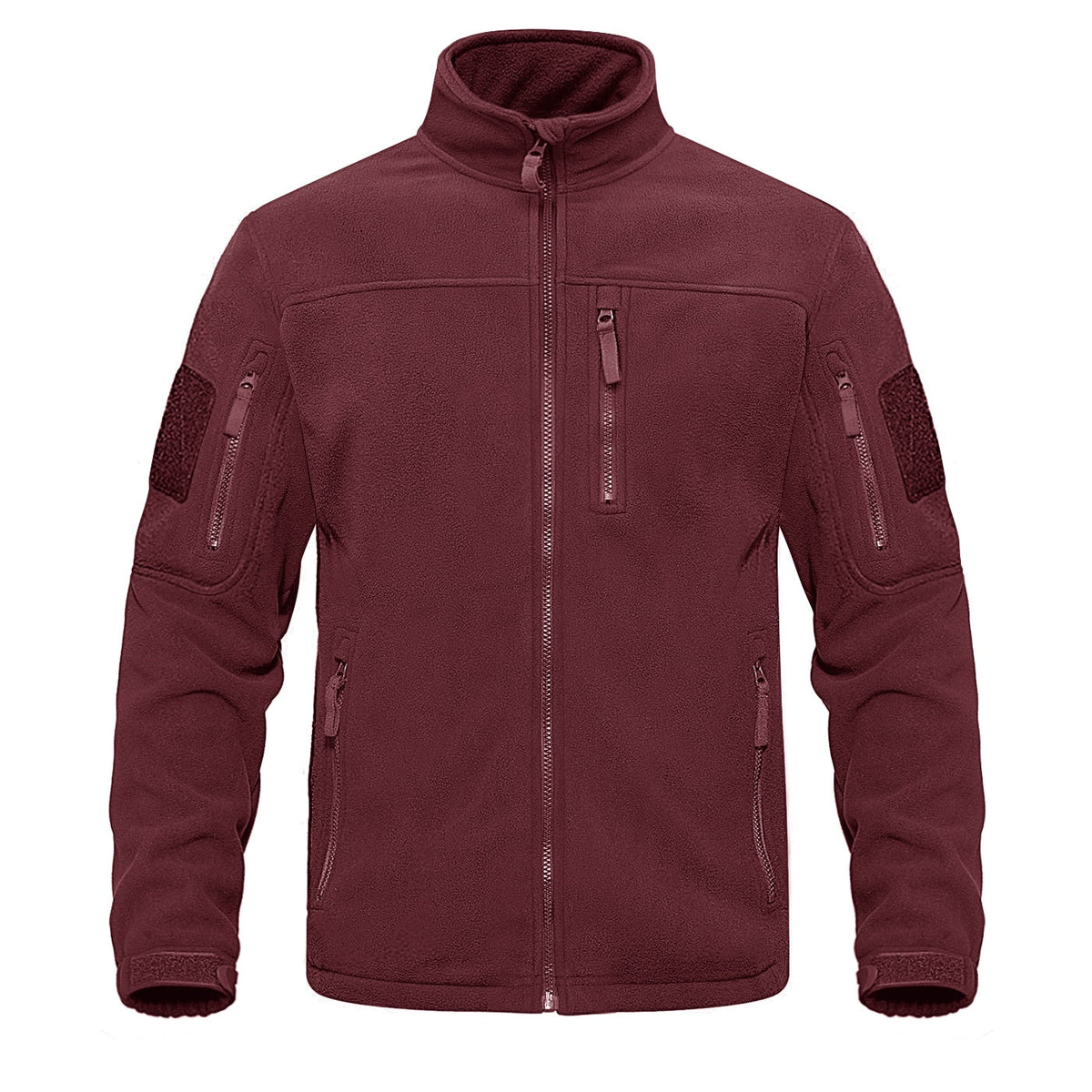 Fleece full-zip jacket in burgundy with stand collar and front zip pocket detail