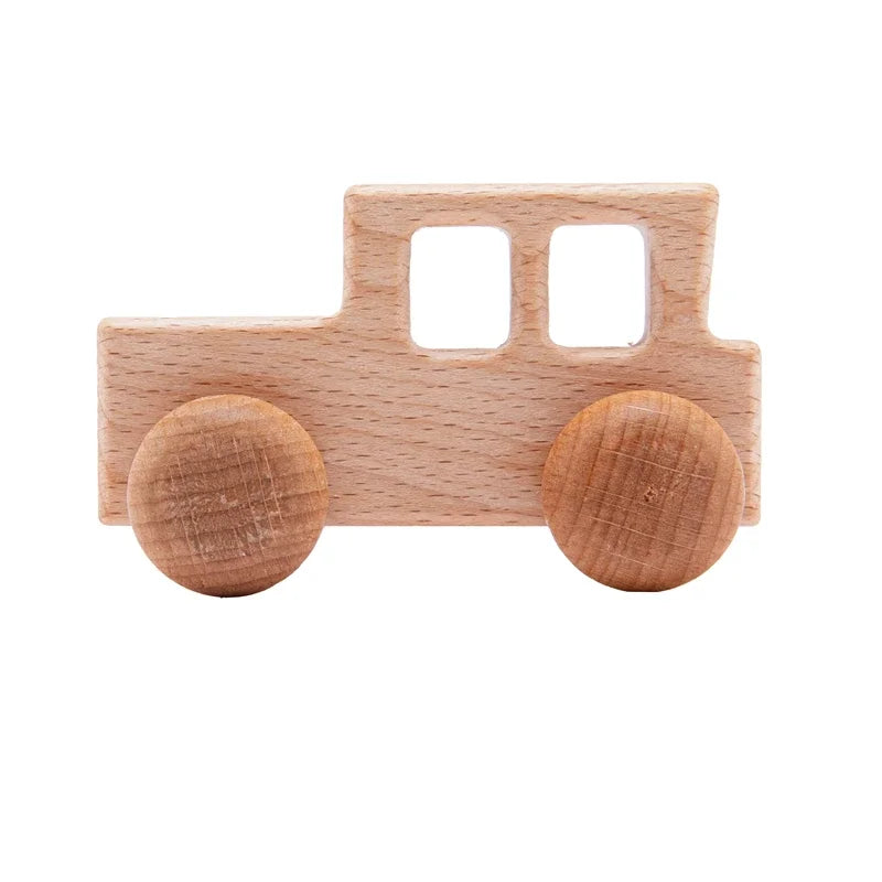 Wooden dinosaur bus teether toy with two window cutouts and two round wheels