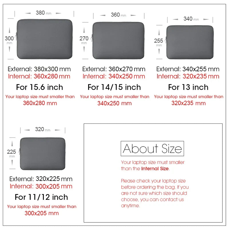 Dark gray laptop sleeve outline with size guide for 11–15.6 inch laptop fits