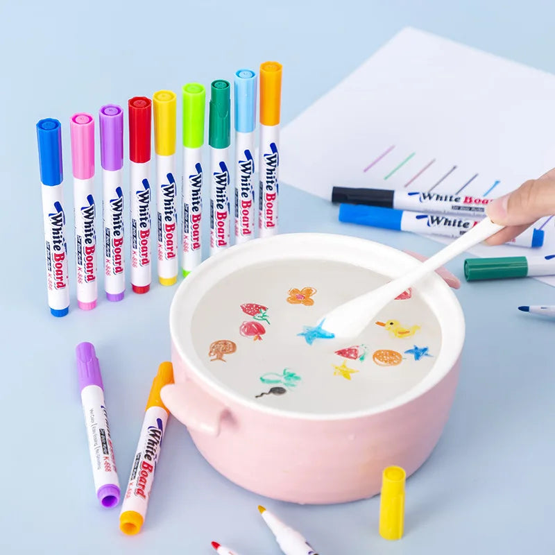 Colorful water floating ink marker pens with colored caps and white barrel tips