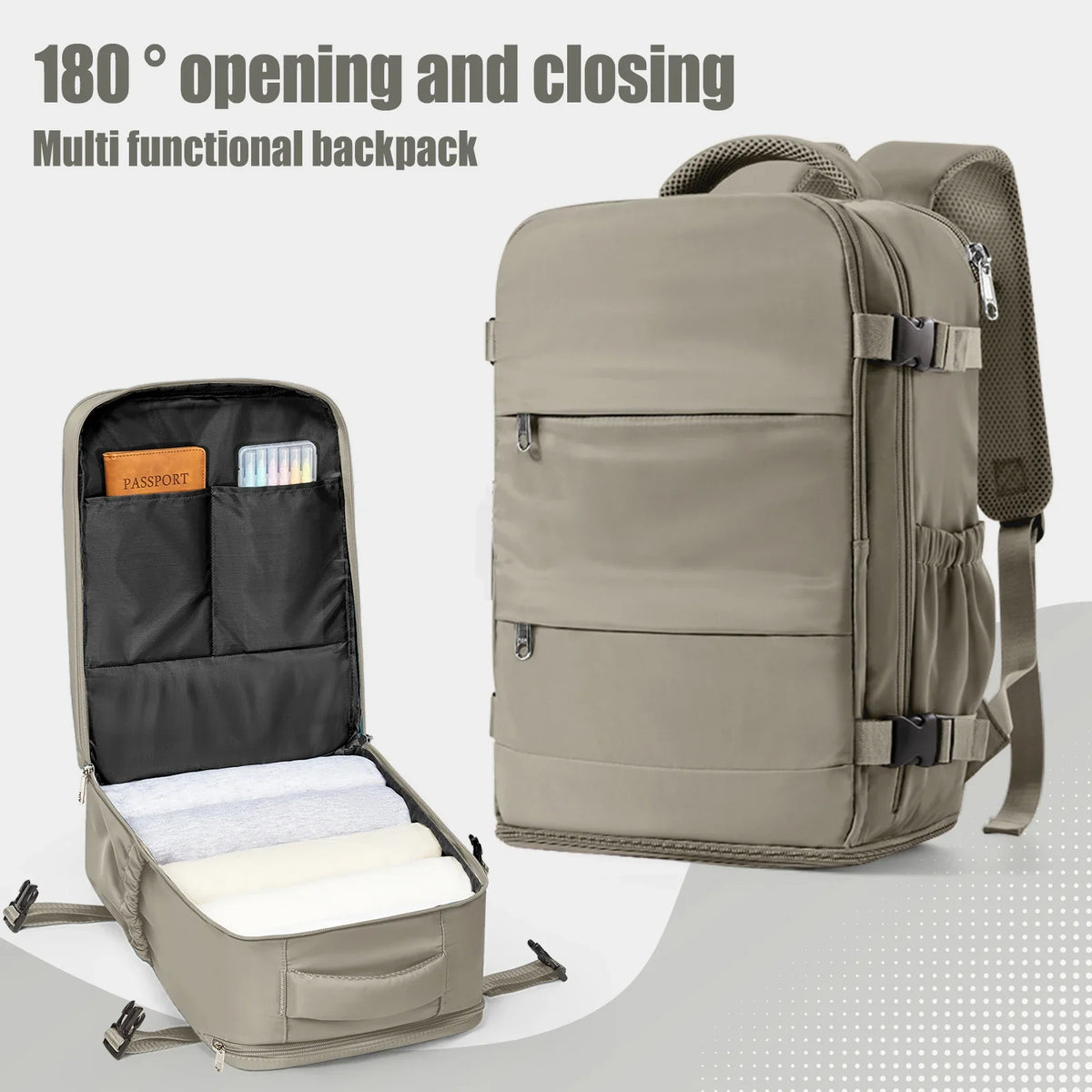 Beige travel backpack with open front compartment and adjustable shoulder straps