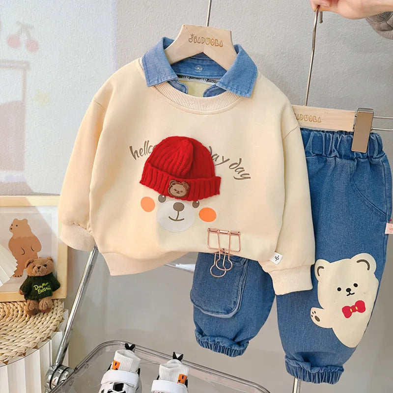 Beige sweatshirt with red beanie bear graphic and blue denim jogger pants set