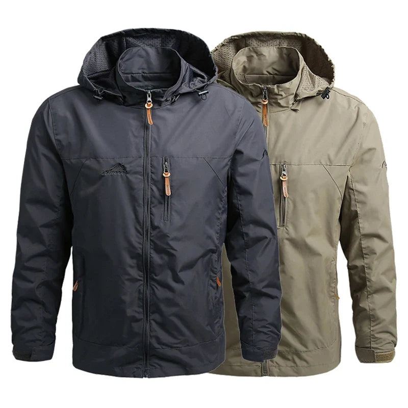 Hooded waterproof windbreaker jackets, navy and khaki, full-zip front with pockets.