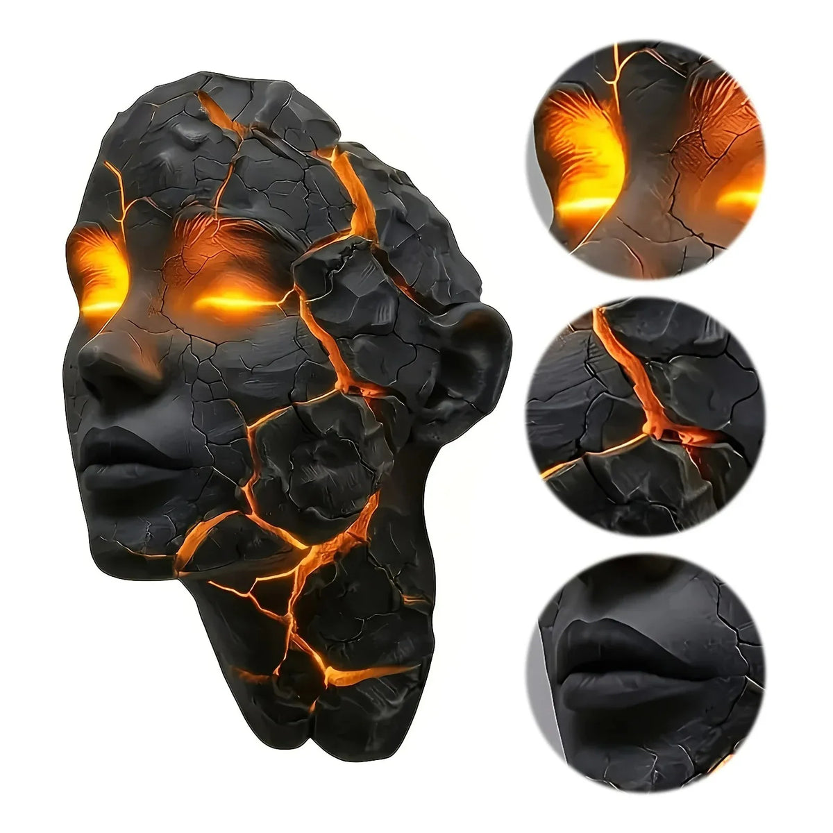 Black resin face wall lamp with orange glowing cracks; circular detail views