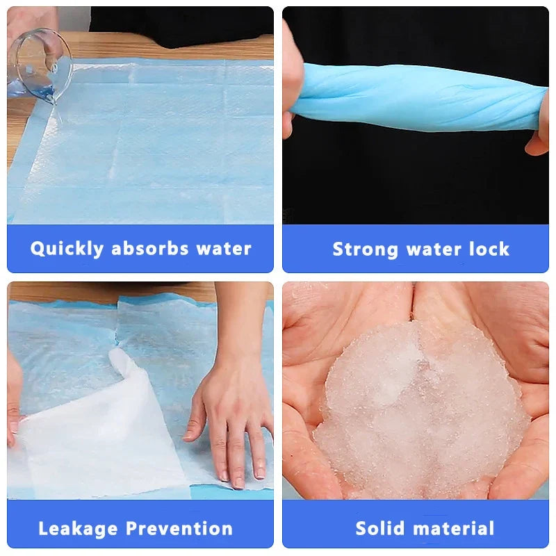 Leakproof blue pee pad showing quick absorption and a strong water-lock layer