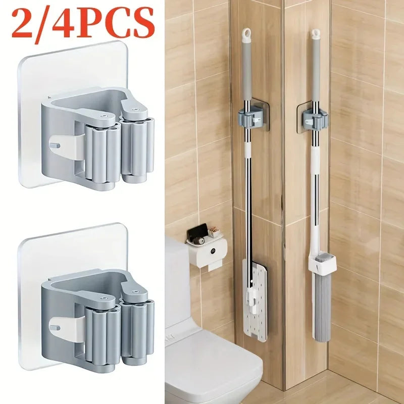 Wall-mounted adhesive mop and broom holder clips, grey and white set
