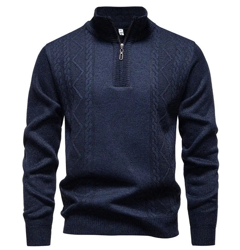 Men's knit half-zip pullover sweater in dark blue, stand collar with ribbed cuffs