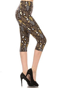 Capri leggings with black and gold abstract print, 3/4 length, one size