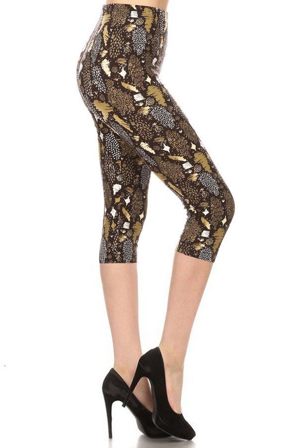 Capri leggings with black and gold abstract print, 3/4 length, one size