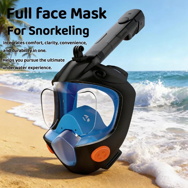 Black full-face snorkel mask with clear visor and orange seal vents