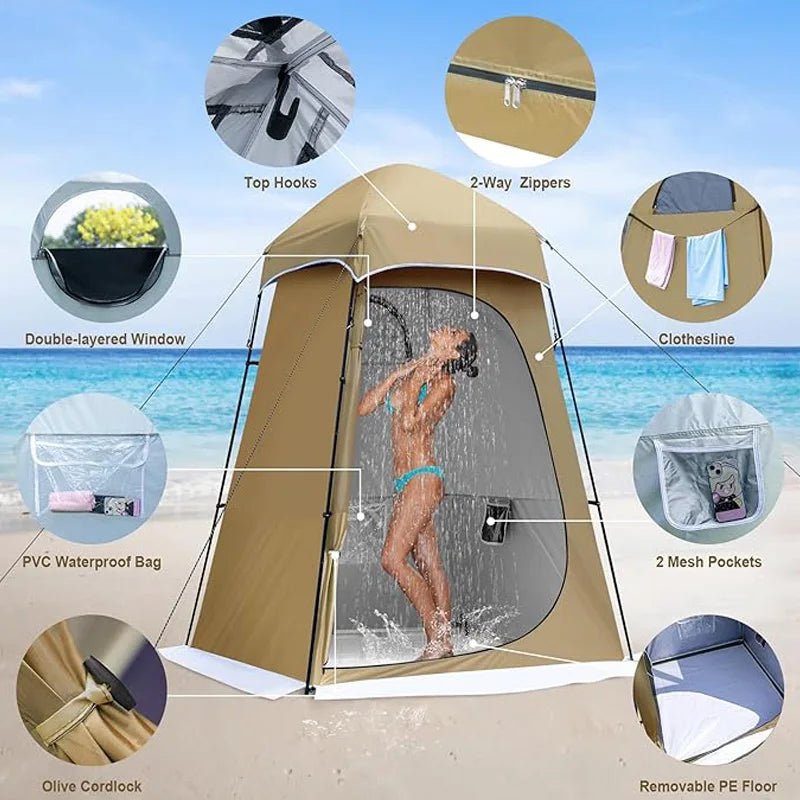 Shower tent with 2-way zippers, top hooks, and front mesh privacy door.
