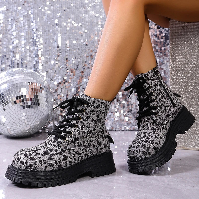 Black-and-white leopard-print lace-up ankle boots, chunky tread platform