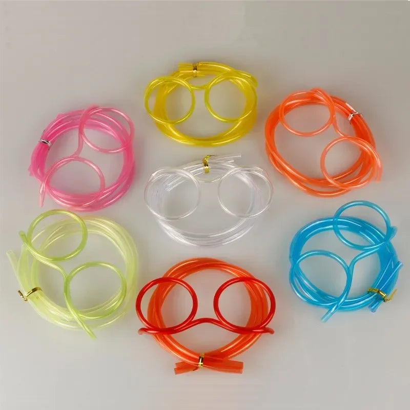 Assorted novelty straw glasses in pink, yellow, orange, blue, green, and red
