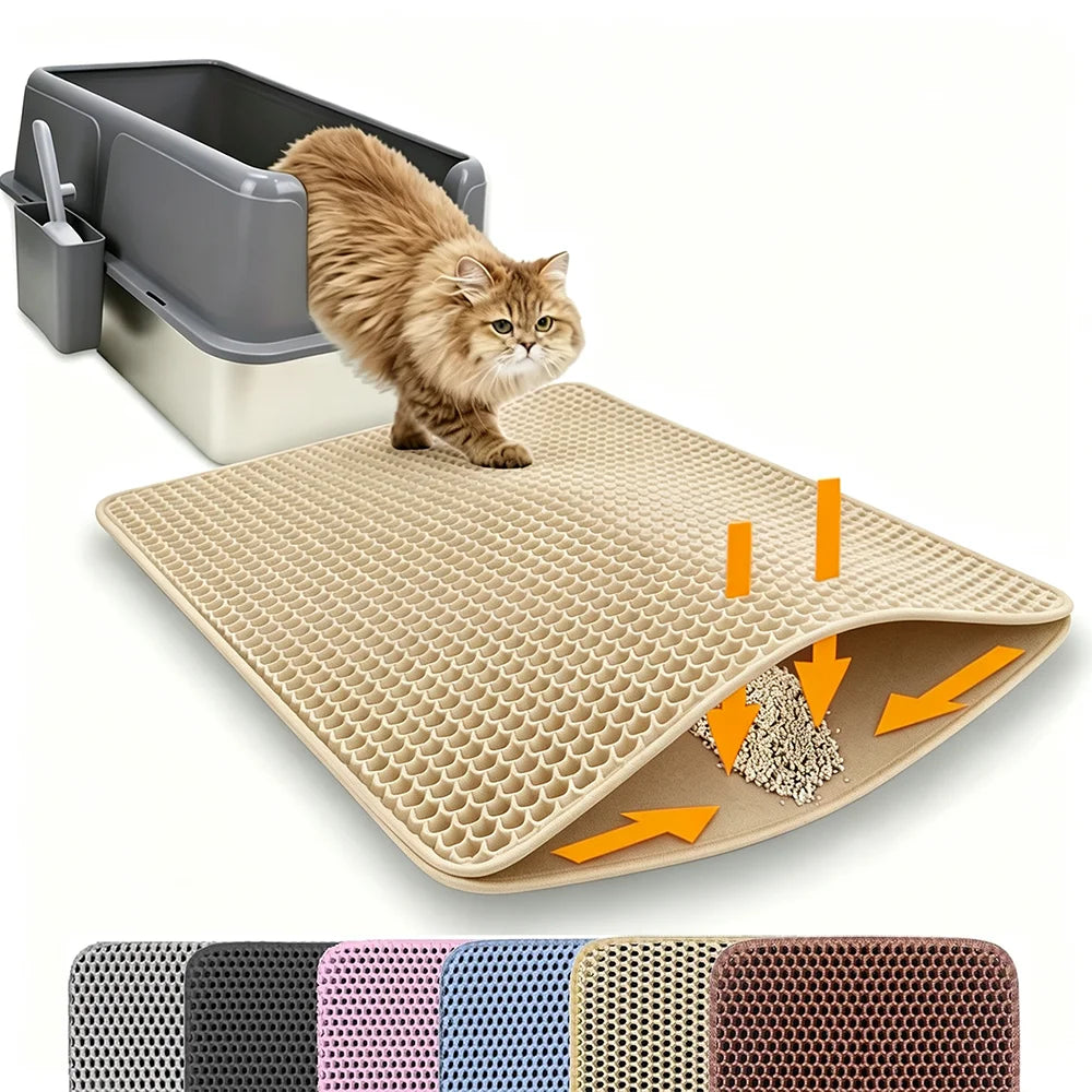 Khaki double-layer honeycomb cat litter mat with waterproof backing
