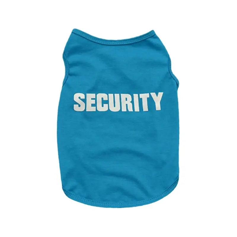 Teal dog security t-shirt with bold “SECURITY” print and short-sleeve design