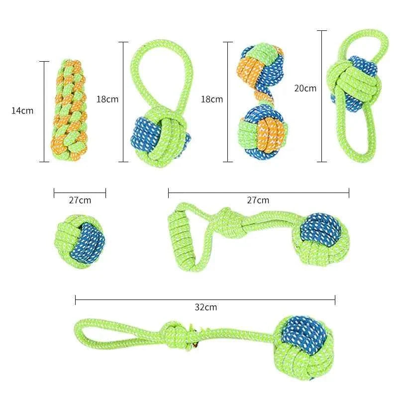 Cotton rope dog toy diagram featuring tug rope and braided ball shapes
