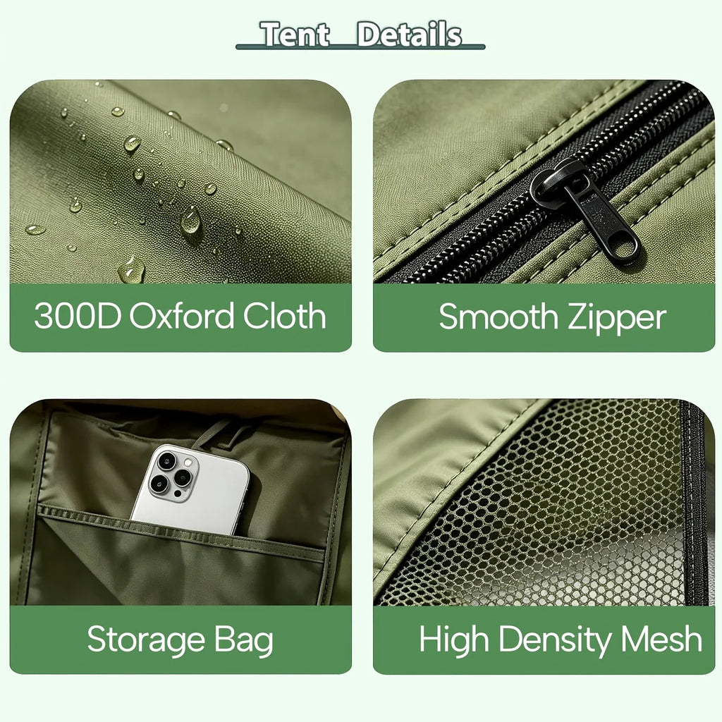Green inflatable tent with smooth zipper, storage pocket, and high-density mesh panel