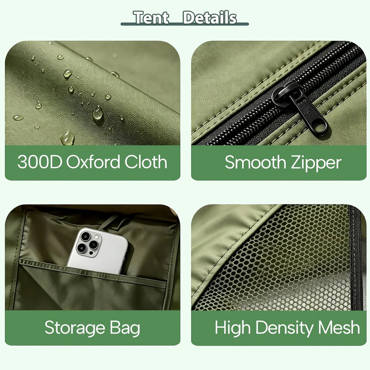 Green inflatable tent with smooth zipper, storage pocket, and high-density mesh panel