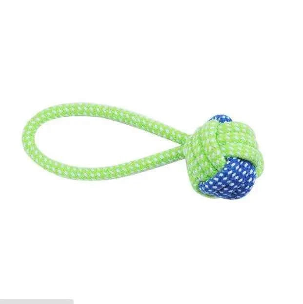 Cotton rope dog toy with green rope and blue-and-green knotted ball end