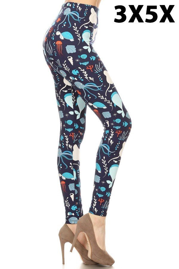 Plus size printed leggings with blue sea-life pattern, full-length skinny fit