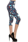 Dark printed capri leggings with colorful sea life and coral pattern