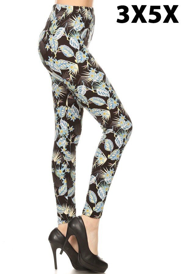 Plus-size printed leggings with light-green leaf pattern on dark fabric