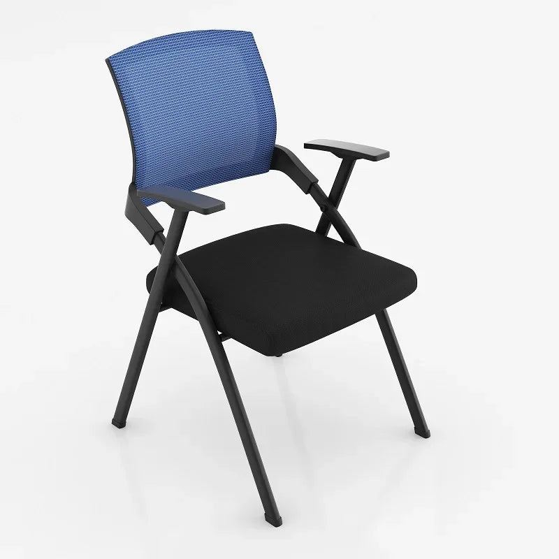 Foldable training chair with desk board, blue mesh back, black seat, black tabletop.