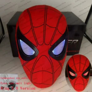 Red Spider-Man electronic mask with blue glowing mesh eyes and small accessory