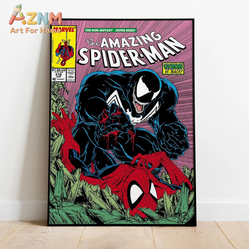 Spider-Man comic canvas poster with red-suited hero and dark villain in pink and green