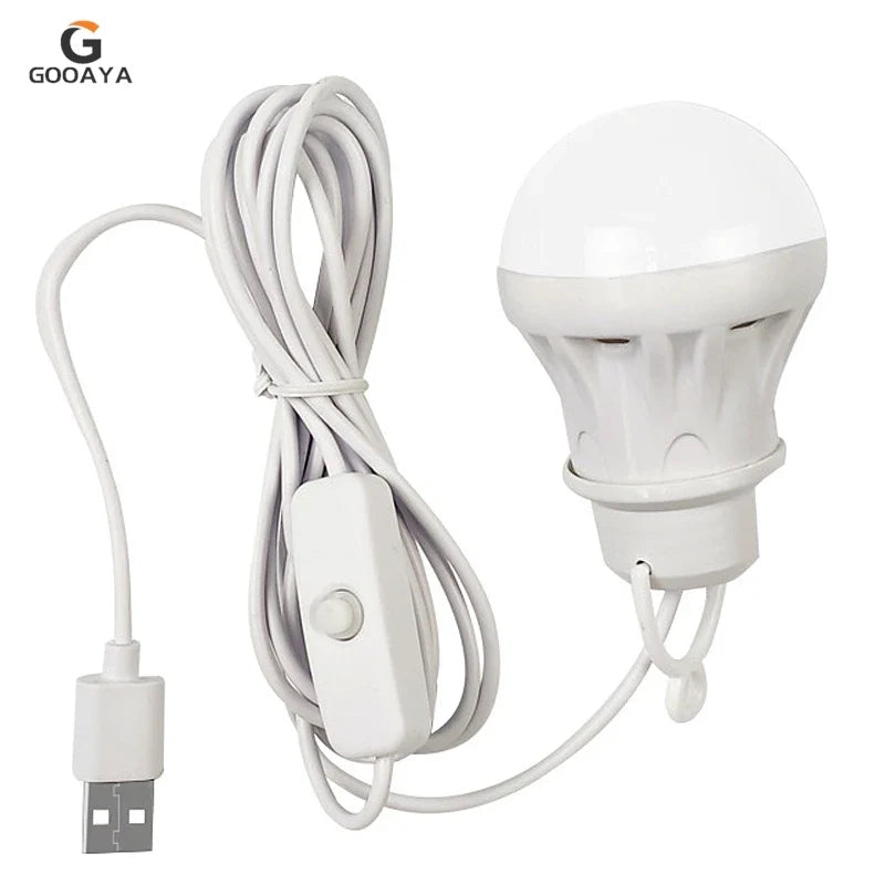 USB LED hanging tent lantern light with white bulb housing, cable, and inline switch