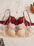 3-piece women's floral lace bra set, bow-tie straps and lace cups, red and beige
