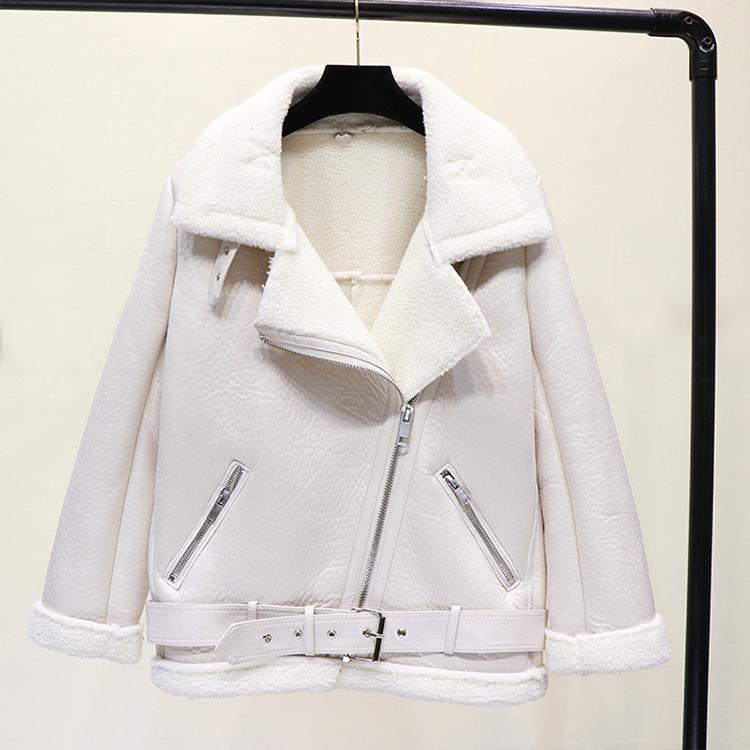 Cream faux lamb leather moto jacket hanging with shearling collar and belt strap