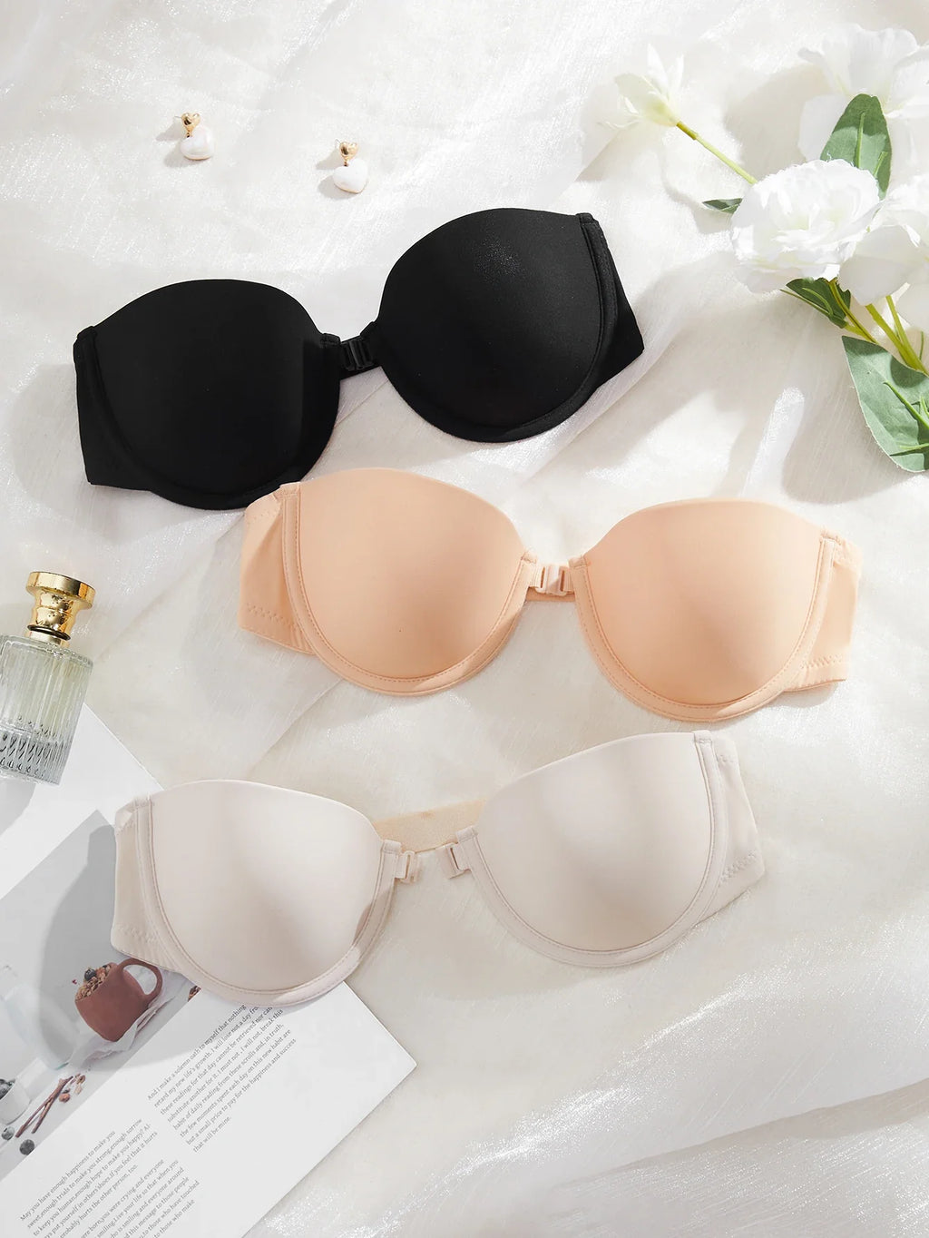 3-piece demi cup push-up bra set with seamless underwire support, black and nude colors