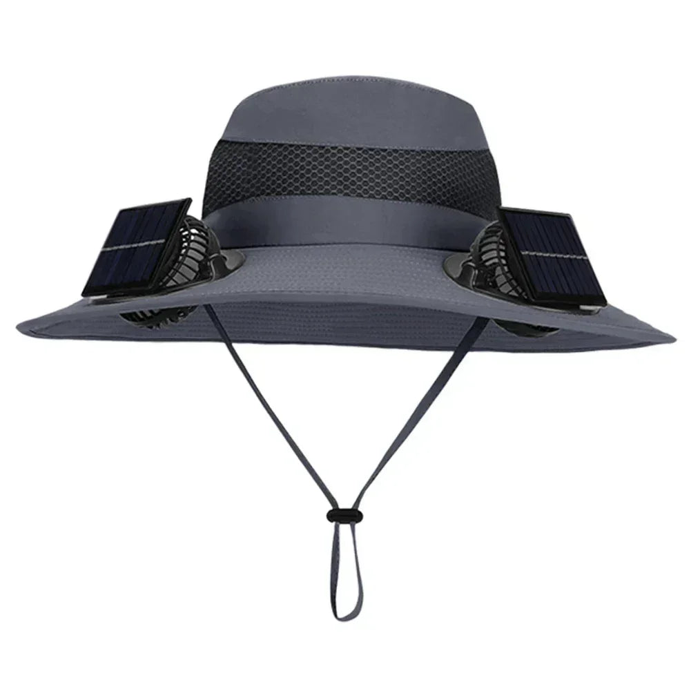 Dark grey solar fan fisherman hat with wide brim and side solar panels