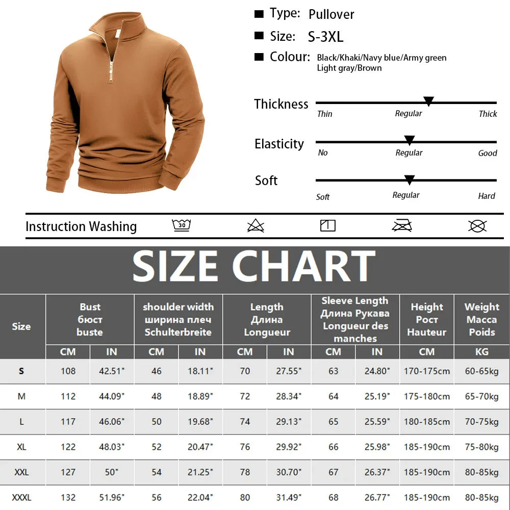 Men's pullover mock-neck sweatshirt, brown, half-zip with ribbed cuffs