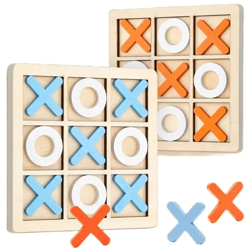 Wooden tic-tac-toe puzzle boards with blue and orange X pieces and white O rings